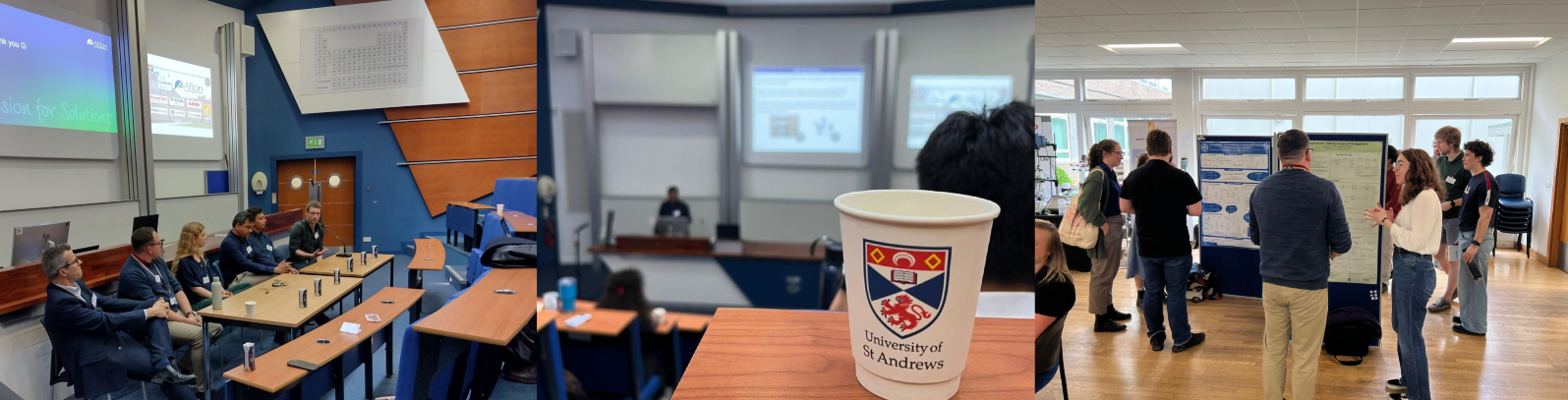 Three images from the EaStCHEM ECR Conference 2025: the panel on career development; view from the audience; attendees networking in the poster session.