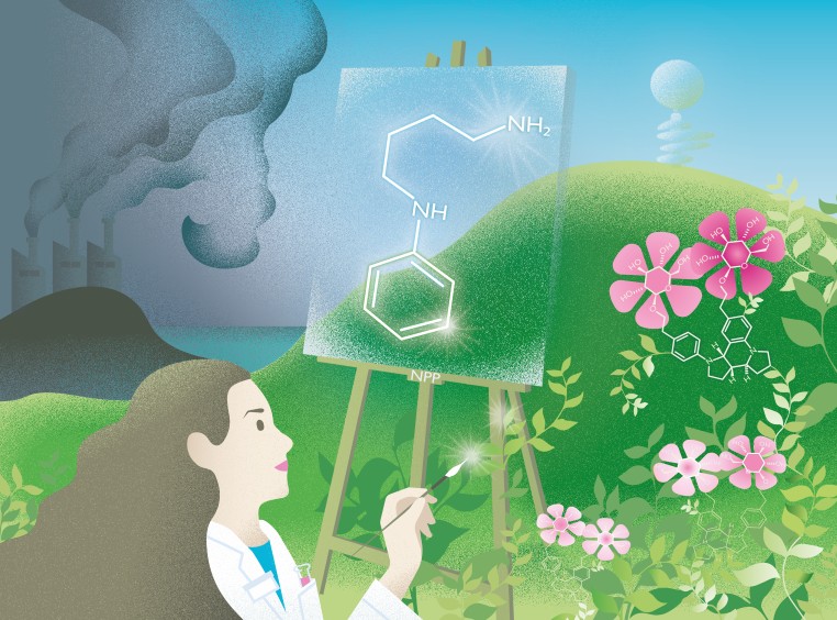 Cover image accompanying Campopiano/Lawrence paper in Green Chemistry - cartoon showing a female scientist painting a chemical structure that is reflected in nearly flowers, and which will replace the dark industrial process shown in the background. The paper was titled: N-Phenylputrescine (NPP): a natural product inspired amine donor for biocatalysis