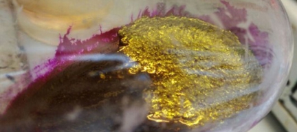 Photo of gold precipitating out of solution in work aiming to enhance recycling of metals from e-waste.
