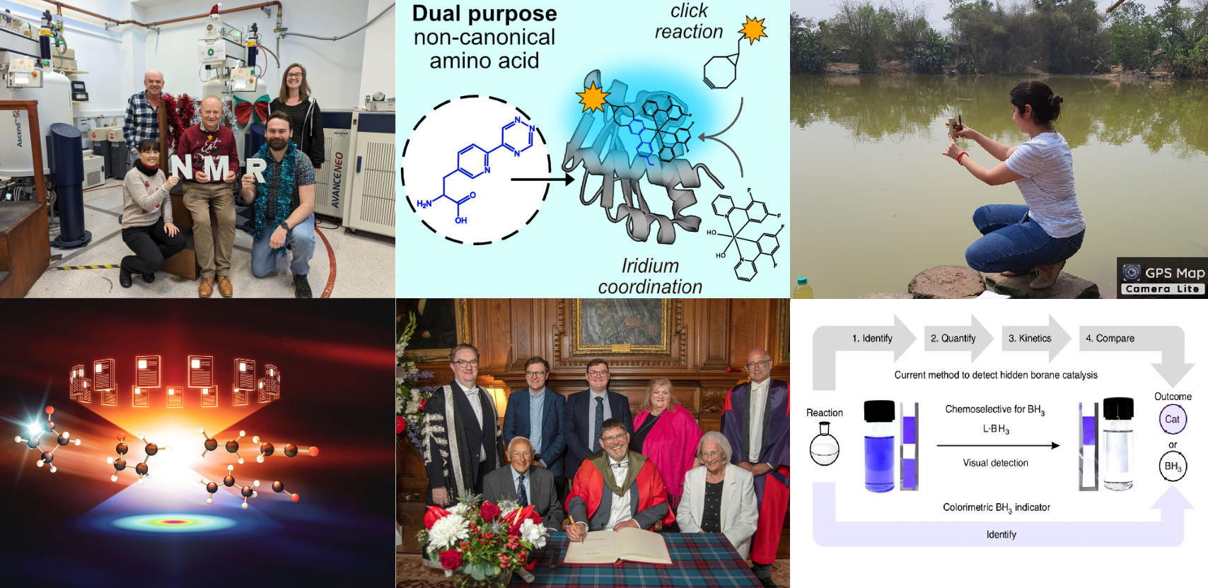 Photo mosaic composed of photos from EaStCHEM news, including graphical abstracts from new research papers, award of an honorary degree, fieldwork testing photocatalytic water treatment in India, and the NMR team taking receipt of new equipment.