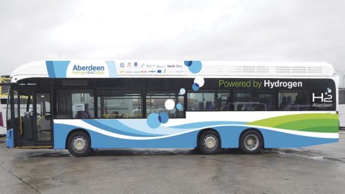 Photo of a single decker hydrogen bus decorated in Aberdeen Hydrogen Bus Project livery.