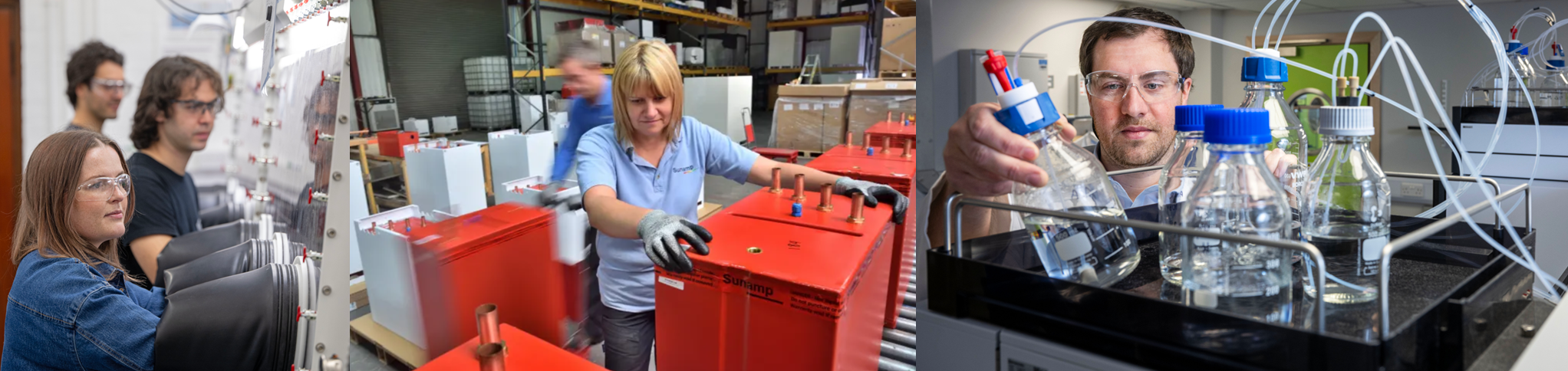 Three images relevant to EaStCHEM work with industry - researchers at a glove box, staff in the warehouse at industry partner Sunamp, and work in the Analytical Chemistry Instrumentation Suite.